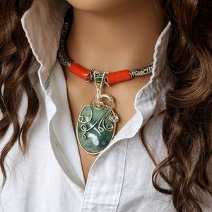 Designer Silver Necklace Natural Malaysia Green Jade Pendant Red Coral
